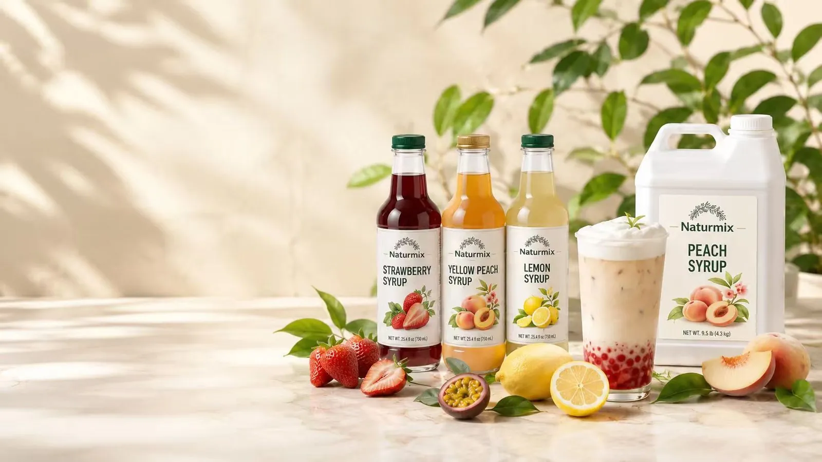 Naturmix strawberry, yellow peach and lemon syrup bottles with a 4.3 kg peach syrup jug and a finished cheese-foam boba drink